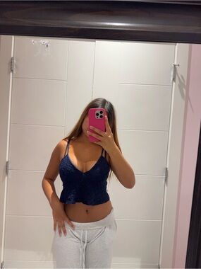 Navy Lace Spaghetti Strap Crop Top